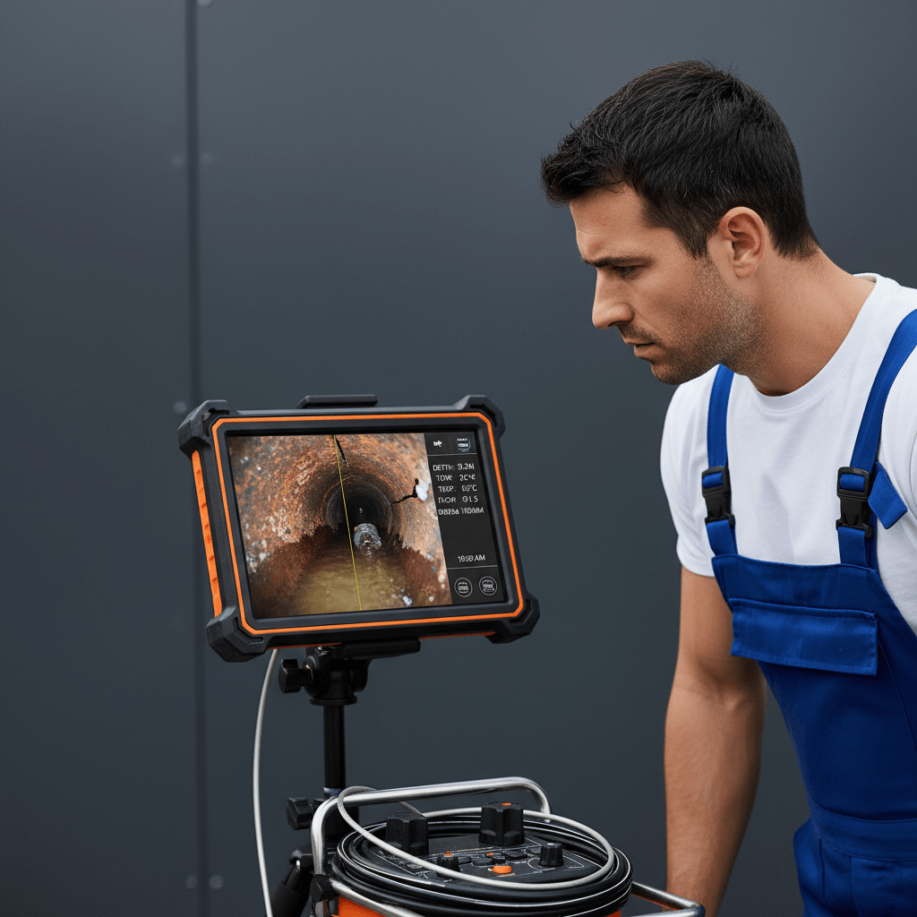 Monitor einer Kanal TV Kamera zeigt Rohrinnenraum