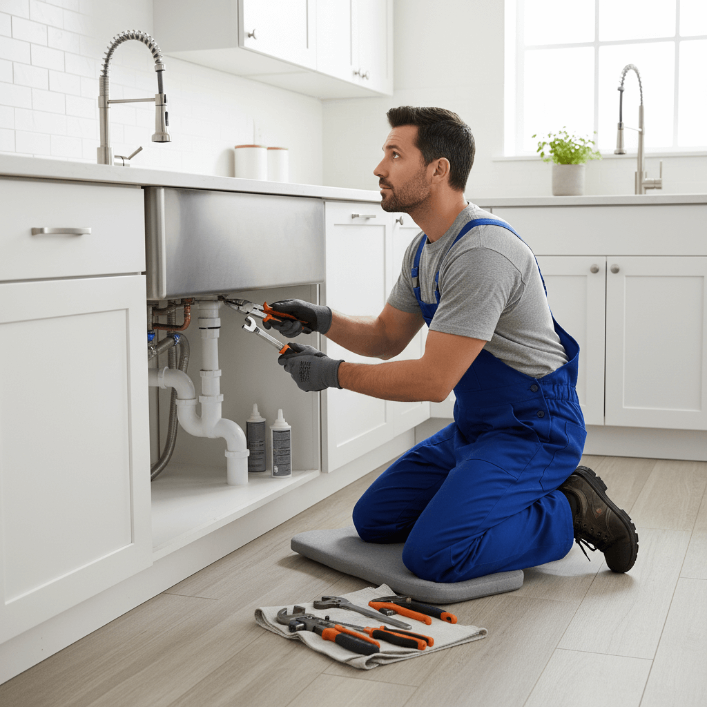 Fachmann bei der professionellen Rohrreinigung unter einem Spülbecken